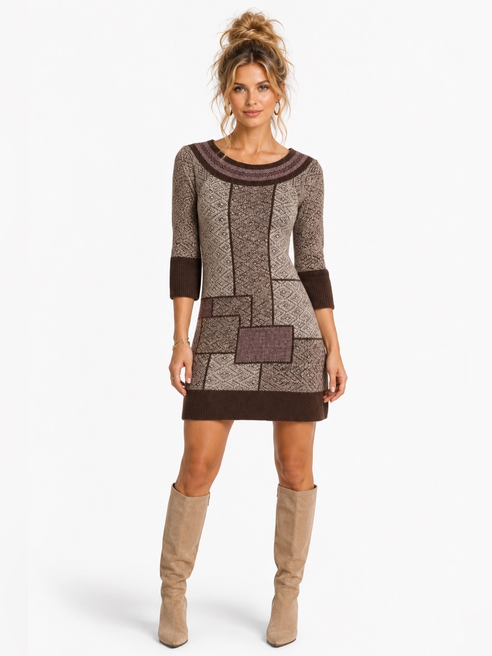 Free People – Patchwork Knit Sweater Tunic – Geometric – Brown Multi – Sz. L